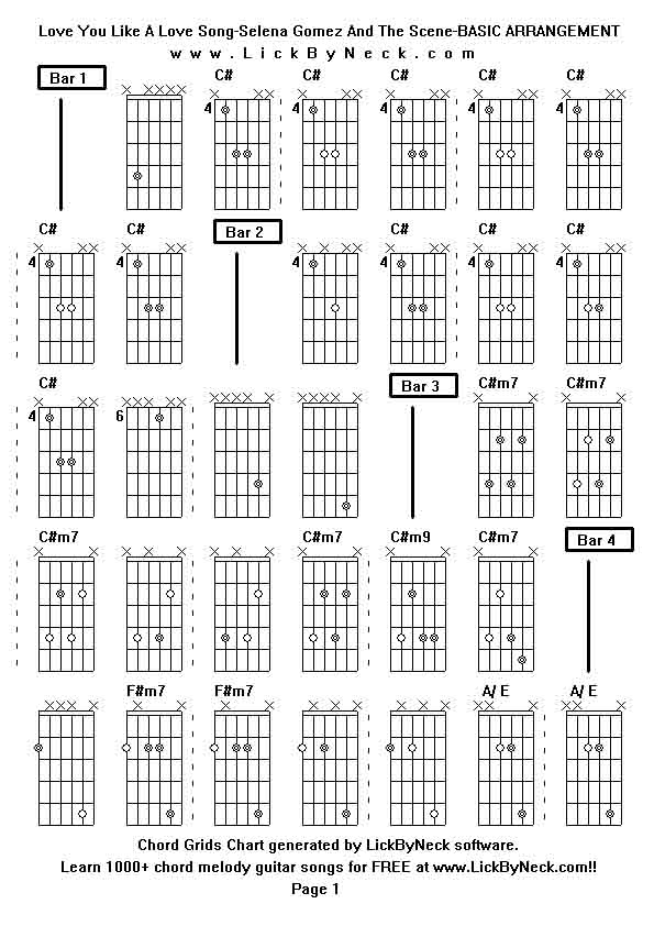 Chord Grids Chart of chord melody fingerstyle guitar song-Love You Like A Love Song-Selena Gomez And The Scene-BASIC ARRANGEMENT,generated by LickByNeck software.